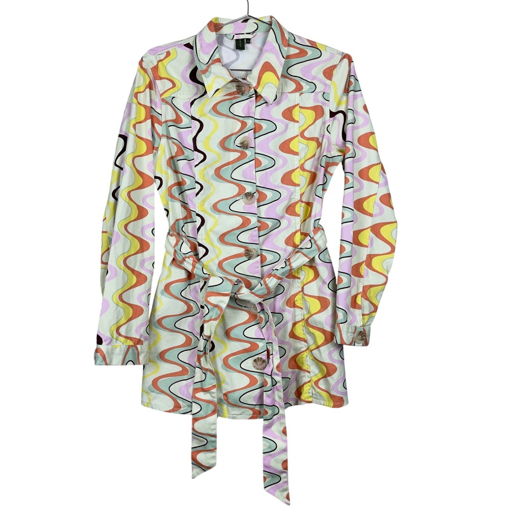 RESUME Copenhagen LenaRS Jacket Abstract Groovy Waves Print Belted‎ 70s Size 36